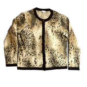 Investments Sweater Womens Large Tan Brown Leopard Fine Cashmere Cardigan Ladies